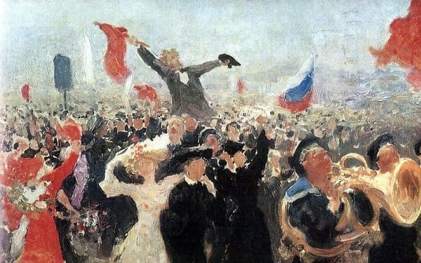 A painting of an early 20th crowd marching, waving Russian flags. One man rises above the rest, waving a bright red flag with his arms outstretched. No faces are detailed.